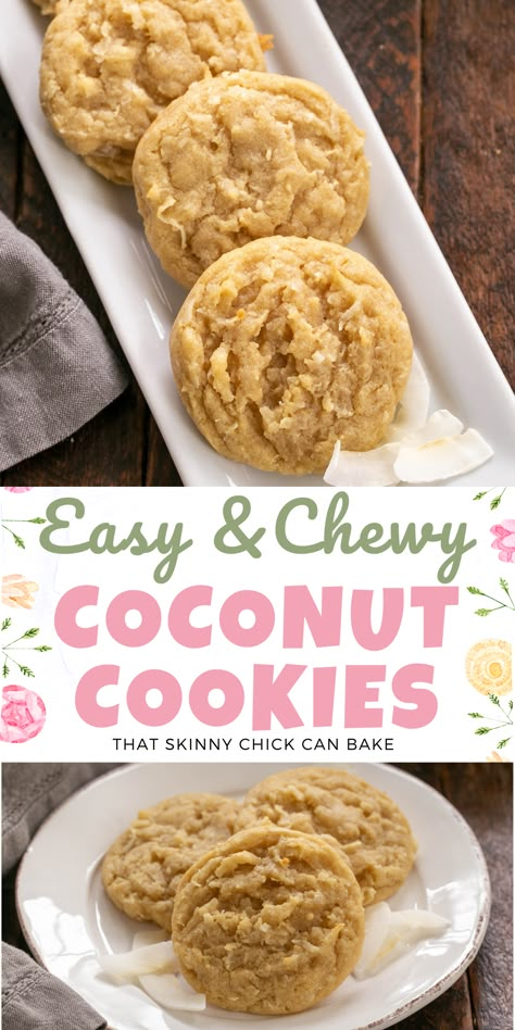 Chewy Coconut Cookies - An easy, buttery cookie recipe chock full of coconut! Delicious for an afterschool snack, lunch box treat or dessert! Butter Coconut Cookies, Chewy Coconut Cookies Recipes, Coconut Washboard Cookies, Sugar Free Coconut Cookies, Easy Desserts Coconut, Coconut Vinegar Recipes, Recipes With Coconut Sugar, Chewy Coconut Bars, Coconut Milk Cookies Recipes