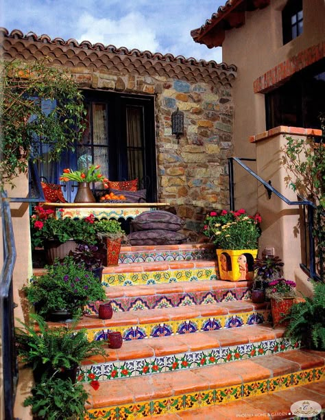 Hacienda Tiled Staircase Tiled Staircase, Mexican Home, Residential Architect, Mexican Tile, Hacienda Style, Spanish Style Homes, Talavera Tiles, Mexican Talavera, Mexican Decor