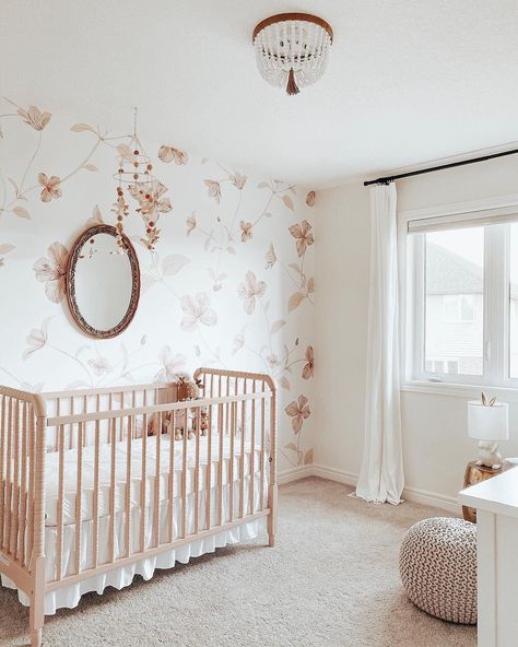 SWOON! The soft, delicate design of this floral wallpaper is fit for a baby girl nursery! Available in traditional wallpaper or self-adhesive. 📸: @brogsathome Baby Nursery Wallpaper, Girl Nursery Wallpaper, Nursery Designs, Kindergarten Wallpaper, Girls Room Wallpaper, Simple Nursery, Wallpaper Nursery, Nursery Mural