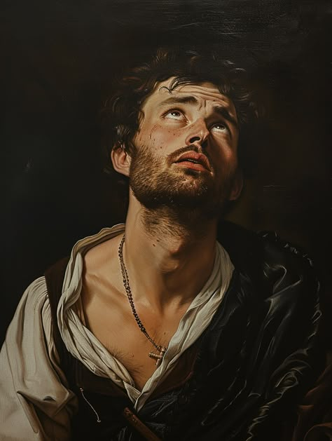 Renaissance Man Expressing Charity in Chiaroscuro Portrait Style Famous Classical Art, Classical Realism Painting, Classical Art Portraits, Men In Paintings, Classical Art Reference, Artists Self Portraits, Carravagio Portraits, Medieval Portrait Painting, Baroque Portrait Painting