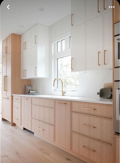 Long Kitchen Design Ideas, Flat White Oak Kitchen Cabinets, White Oak Flat Front Cabinets, Slim Shaker Cabinets Kitchen White, Flat Panel White Kitchen Cabinets, Slim Shaker Kitchen Cabinet, One Wall Kitchen With Window, Wall Cabinet Design Storage Ideas, Slim Shaker White Kitchen