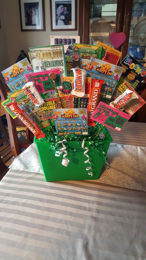 Pta Raffle Basket Ideas, Lucky Gift Basket, Lotto Raffle Basket Ideas, St Patrick’s Day Raffle Baskets, Lottery Raffle Basket Ideas, Tricky Tray Basket Ideas, Lotto Baskets, Tricky Tray Baskets, Lottery Ticket Bouquet