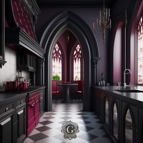 Gothic Royal Bedroom, Modern Victorian Homes Interior Master Bedrooms, Dark Victorian House Exterior, Dark Royal Bedroom, Goth Victorian House, Gothic House Exterior, Plum Kitchen, Gothic Interior Design, Gothic Homes