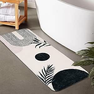 Boho Bathroom Runner Rug Non Slip, Large Long Bathroom Rug Cute Bath Mat for Bedroom Hallway Kitchen, Soft Plush Washable Shower Rug Earth Bathroom Decor, Black White Cream Bathroom, Long Rug In Bathroom, Area Rug In Bathroom, Black And White Bathroom Ideas Decor, Bathroom Runner Rug Ideas, Black And White Boho Bathroom, Bathroom Rugs Ideas Master, Long Bathroom Rug