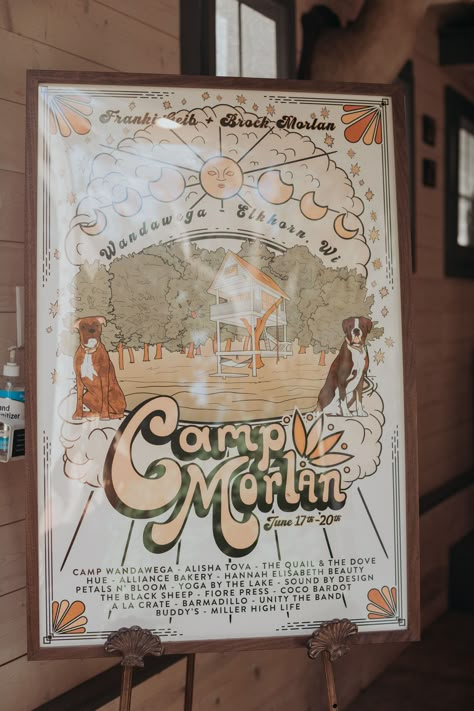 Who says you can't have a festival theme for your wedding?? Artistic couple Francesca and Brock channeled their festival dreams into a reality. And to top it all off, their venue was a summer camp! How cool is that! Summer Camp Wedding Theme, Camp Signage, Camping Wedding Theme, Adult Summer Camp, Camp Wandawega, Summer Camp Themes, Campground Wedding, Festival Themed Wedding, Summer Camp Wedding