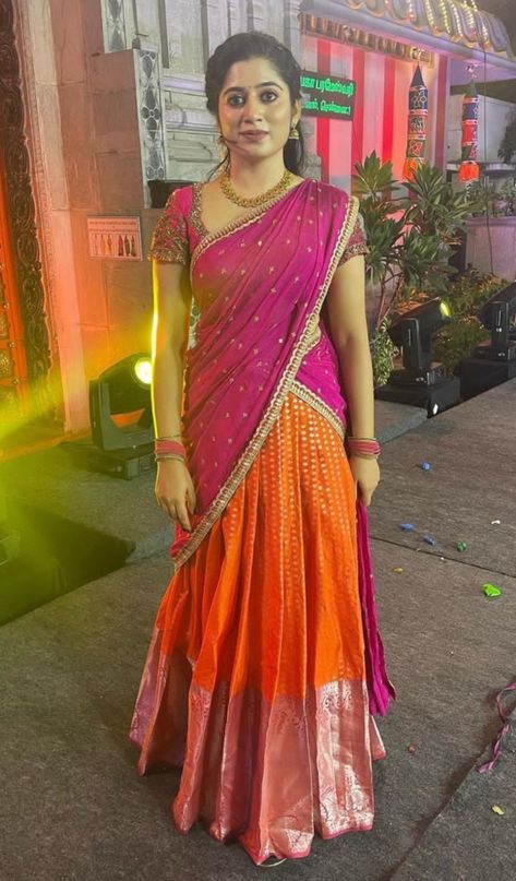 Orange Pink Half Saree, Pattu Saree Half Saree, Dhavani For Wedding Function, Half Saree Simple Traditional, Pink And White Half Saree, South Lehenga Half Saree, South Indian Lehenga Half Saree Simple, Orange Langa Voni, Pattu Langa For Women