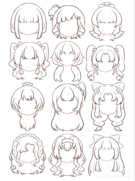 Hair Trace Drawing, How To Draw Anime Hairstyles, Drawing Hair Template, Chibi Art Base Hair, Chibi Curly Hair Drawing, Half Up Half Down Hairstyles Drawing, Anime Hair Designs Female, Chibi Hair Drawing Reference, Anime Chibi Hairstyles