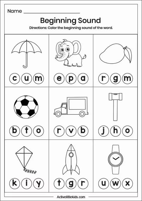 Phonics Worksheets For Kindergarten, Colours Name For Kids, Free Phonics Worksheets, Initial Sounds Worksheets, Easy Math Worksheets, Learning Centers Preschool, Color Worksheets For Preschool, Phonics Worksheets Free, Beginning Sounds Worksheets