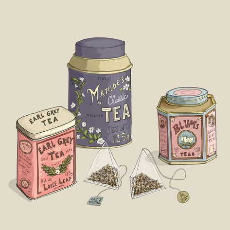 Vintage inspired tea tins (part of pattern on many products in "Tea themed" section of my Etsy shop) Illustration Product Design, Tea Product Design, Tea Shop Illustration, Tea Illustration Art, Tea House Aesthetic, Tea Drawing, Products Illustration, Tea Time Illustration, Tea Pattern