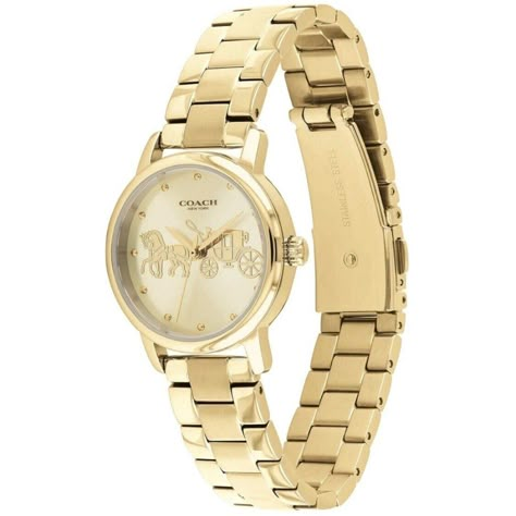 Elevate Your Style With This Brand New Coach Grand Watch In Its Original Packaging. This Watch Is Absolutely Stunning, With Its Polished Stainless Steel Case And Luxurious Yellow Gold-Tone Finish. The Sunray Brush Dial Adds A Touch Of Sophistication, And The Quartz Movement Ensures Precise Timekeeping. Plus, It's Water Resistant Up To 3 Atm, So You Can Wear It Without Worry. I Know You're Always On The Go, And This Watch Is Perfect For Keeping You Stylish And On Time. Brand: Coach Style: Grand M Coach Watches Women, Ring Clock, Coach Watch, Gold Plated Watch, Black Leather Watch, Gold Watches Women, Horse And Carriage, Gold Girl, Crystal Watches