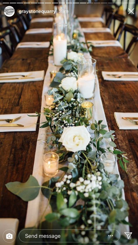 Eucalyptus Wedding Table Runner, Wedding Florals Eucalyptus, Rustic Table Runners Wedding, Rectangular Wedding Tables, Greenery Runners For Wedding Tables, Eucalyptus Table Runner Wedding, Long Table Greenery Wedding, Rustic Long Table Centerpieces, Wedding Trestle Table Decorations