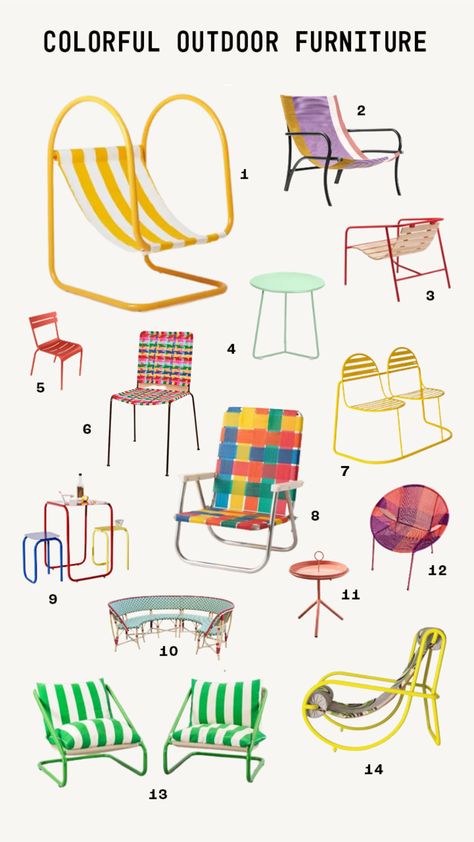 60s Outdoor Furniture, Bright Outdoor Furniture, Fun Patio Furniture, Outdoor Chair Ideas, Colourful Outdoor Furniture, Retro Outdoor Furniture, Colorful Patio Furniture, Basic Backyard, Beach Seating