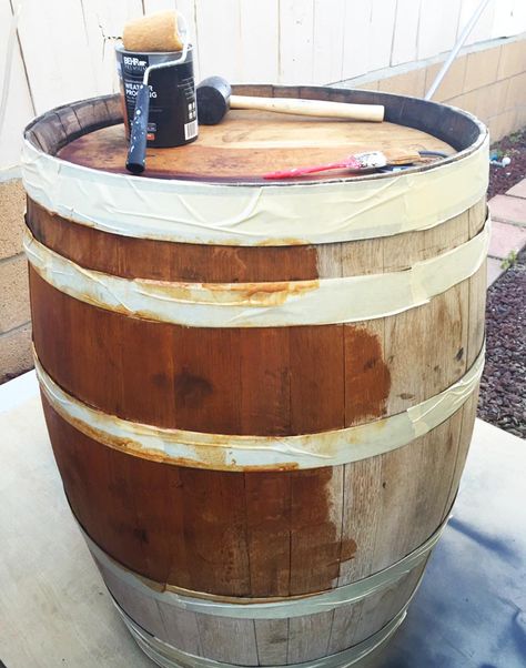 Whiskey Barrel Table Top Diy, Wine Barrel Outdoor Table, Wine Barrel Table Square Top, Wine Barrel Coffee Table Diy, Painted Wine Barrel Ideas, Wine Barrell Outdoor Table, Wine Barrel Table Outdoor, Barrels Decor Ideas, Wine Barrel Table Diy