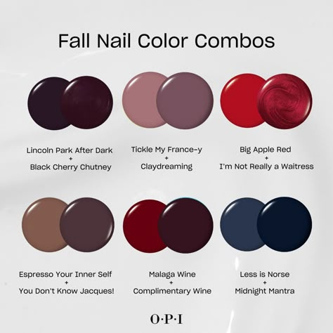 Nail Color Palette Ideas, Feminine Nail Colors, Nail Colors For Cool Skin Tone, Opi Dip Powder Colors Winter, Popular Opi Colors, Two Different Nail Colors On Each Hand, Mani Pedi Color Combos, Short Fall Nail Designs, Short Fall Nail