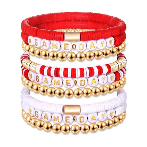 PRICES MAY VARY. Show off your team spirit with this game day bracelets,it features a set of 9 heishi beaded bracelets,adorned with 6mm red and white polymer clay vinyl disc beads and with White & Gold Letter Beads spelling "GAME DAY",Wear these red black team color bracelets with your favorite team game day outfits to complete your game day look in style The white red game day bracelets design adds a pop of energy and flair to your game day ensemble. These colors are synonymous with team spirit The Office Bracelets, Heishi Jewelry Bracelets, Clay Bead Bracelet Ideas Thanksgiving, Best Friends Bracelet, Clay Bead Bracelet Ideas Sports, Baseball Clay Bead Bracelet, Game Day Bracelets, Baseball Bracelets, Clay Vinyl