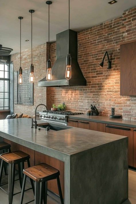 50 Modern Concrete Kitchen Ideas (That Break Design Rules) Concrete Kitchen Design Ideas, Brick Kitchen Decor, Concrete Countertops With Brick Backsplash, Brick Wood Kitchen, Modern Industrial Kitchen Design Ideas, Modern Brick Kitchen, New Kitchen Trends For 2024, Concrete Houses Interior, Concrete And Wood Interior