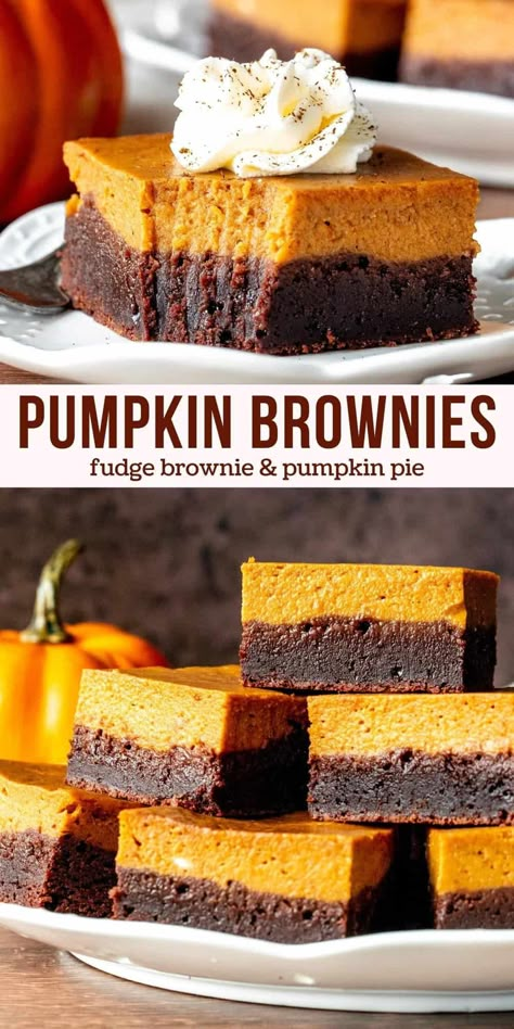 Fudgy brownie and pumpkin pie combine for this delicious fall treat. A layer of rich chocolate brownie on the bottom pairs perfectly with a creamy pumpkin pie layer on top. Decadent and a little different - add  these pumpkin brownies to your fall baking! #pumpkin #Brownies #chocolate #fudge #recipe #layered #pumpkinpie from Just So Tasty Creamy Pumpkin Pie, Baking Pumpkin, Pumpkin Brownies, Halloween Breakfast, Pie Brownies, Healthy Fall Recipes, Fall Baking Recipes, Brownies Chocolate, Fudgy Brownie