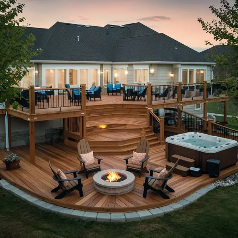 3 Level Deck Ideas, Two Floor Deck, Outdoor Deck With Roof, Walkout Basement Deck Ideas, 2 Story Back Deck, Screen Porch And Deck Combo, Home Deck Ideas Patio, Luxury Deck Ideas, Large Deck Layout