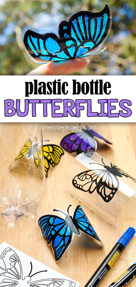 Summer Camp Art And Craft For Kids, Recycled Bottle Art, Easy Garden Crafts For Kids, Plastic Bottle Butterflies, Art Camp Ideas For Kids, Garden Art For Kids, Art Camp Ideas, Recycling Crafts For Kids, Easy Plastic Bottle Crafts