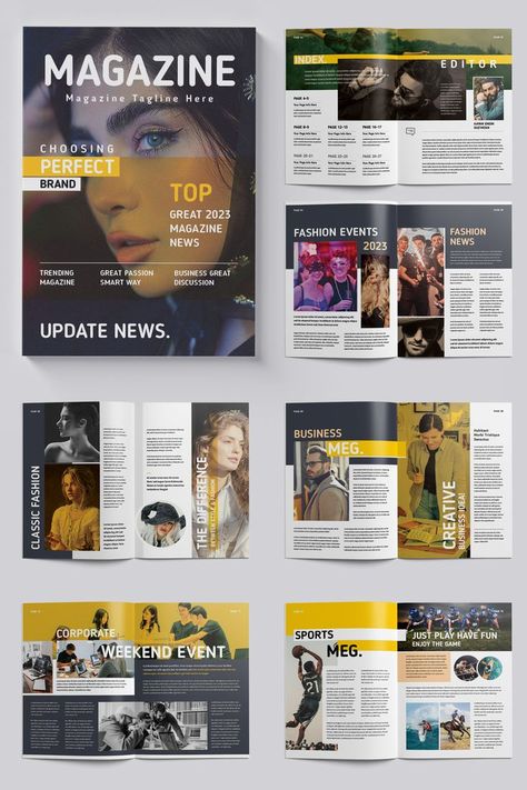 This Magazine Template Contains 28 Pages. You can use this magazine for your business purpose or others sector. You can easily change all text, color, images etc. Book Magazine Design, Masthead Design Magazine, Magazine Ad Design Layout, Feature Magazine Layout, Business Magazine Layout Design, Magazine Pages Design, Magazine Index Design, Magazine Template Aesthetic, Magazine Color Palette