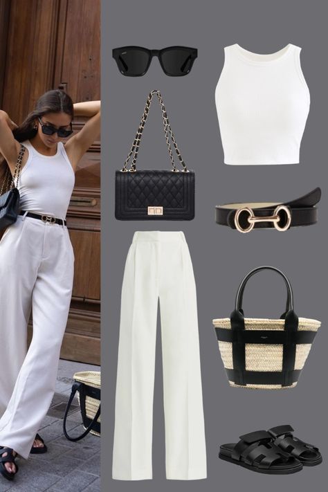 Crop Top And Trousers Outfit, Wide Leg Trousers Outfit Summer, Black Shirt Outfit Summer, Spring Sandals Outfit, Wide Legged Pants Outfit, White Wide Leg Pants Outfit, Trousers Outfit Ideas, White Trousers Outfit, White Sleeveless Crop Top