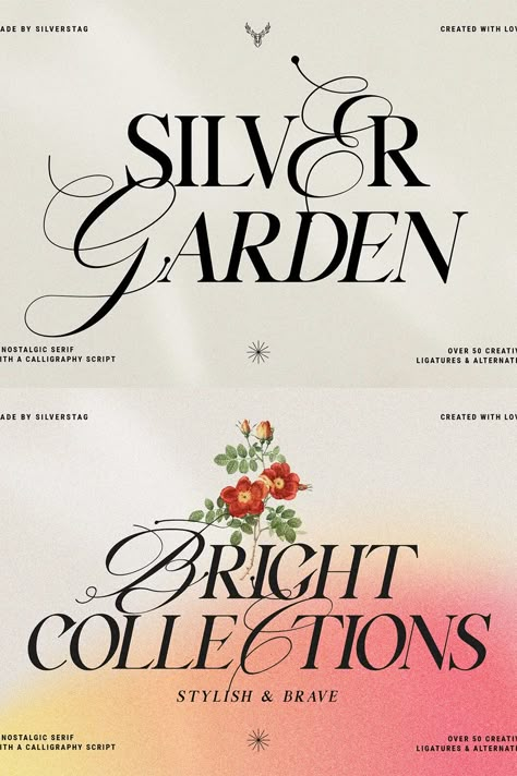 Silver Garden Font Aesthetic Typography Design, Creative Fonts Design, Classy Typography Design, Font Download, Garden Graphic Design, Ethereal Typography, Dreamy Font, Silver Typography Fonts, Romantic Serif Fonts