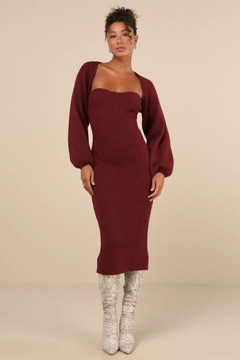 Autumn Aura Burgundy Ribbed Two-Piece Sweater Dress Sweater Dress Boots, Autumn Aura, Cozy Inspiration, Two Piece Sweater Set, Shrug Style, Burgundy Sweater Dress, Nude Boots, Burgundy Outfit, Midi Sweater Dress