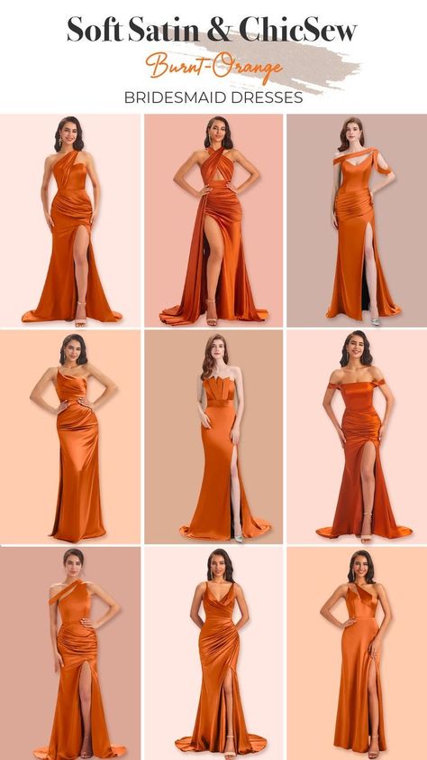 Bridesmaid Dresses Color Palette, Burnt Orange Bridesmaid, Burnt Orange Bridesmaid Dresses, Dress Poses, Bridesmaid Dress Color, Orange Bridesmaid, Orange Bridesmaid Dresses, Bridesmaid Attire, Maid Of Honour Dresses