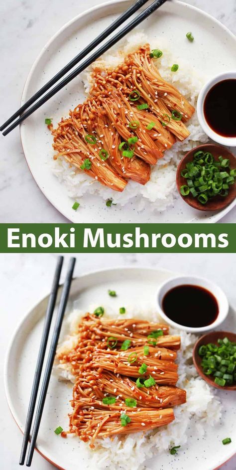 Enoki Mushrooms - A Beautiful Mess Mukbang Recipes, Gym Foods, Enoki Mushroom Recipe, Cooking Ramen, Asian Veggies, Mushroom Recipes Vegan, Asian Cuisine Recipes, Yummy Food To Make, Enoki Mushrooms