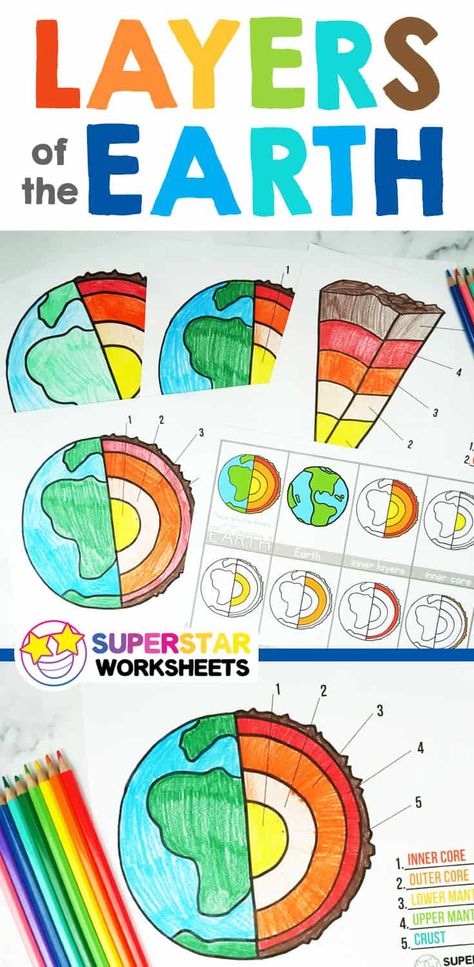 Layers of the Earth Worksheets. Free printable layers of the earth diagram, worksheets, label worksheet, hands-on activities, nomenclature cards, and more! Free science worksheets, games, and printables. Hands On Earth Science Activities, Earth's Layers Activities, Earth Systems Activities, Layers Of The Earth Preschool, Layers Of The Earth Craft, Layers Of The Earth Worksheet, Stem Worksheets Free Printables, Earths Layers Project Ideas, Layers Of The Earth Activities