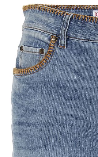 Easy DIY if your machine has a blanket stitch. Or do by hand. Sew with Threadhead TV. ~Scallop Detail Denim Pant by RED VALENTINO for Preorder on Moda Operandi Denim Jeans Ideas, Stitch Jeans, Unique Jeans, Custom Jeans, Leather Jacket Style, Fall Denim, Denim Pocket, Kids Denim, Jeans Diy