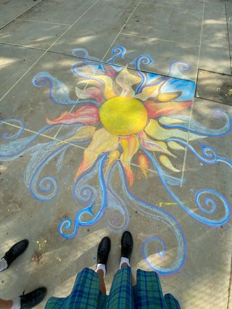 Chalk Square Ideas, Sun Chalk Art, Ideas For Sidewalk Chalk, Tape Chalk Art, Chalk Art Inspo Easy, Chalk Art Tangled, Pavement Art Sidewalk Chalk, Chalk Your Spot Ideas, Floor Chalk Art