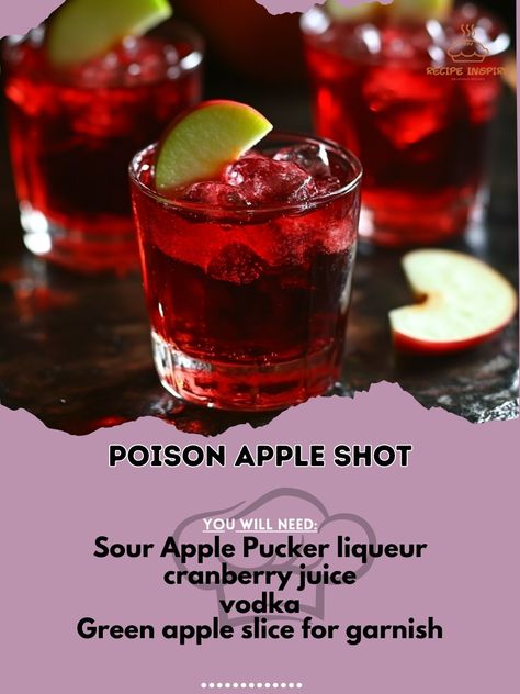 🍏✨ Dive into the dark side with this sinister Poison Apple Shot! Perfect for spooky gatherings. 🎃🔮 Poison Apple Shot Ingredients: - 1 oz. Sour Apple Pucker liqueur - 1 oz. cranberry juice - 1 oz. vodka - Green apple slice for garnish Instructions: 1. Fill a shaker with ice. 2. Add Sour Apple Pucker, cranberry juice, and vodka. 3. Shake well and strain into a shot glass. 4. Garnish with a green apple slice. 5. Serve and enjoy responsibly! Unleash your inner wickedness with this tantalizing... Apple Pucker Drinks, Shots Alcohol Recipes, Sour Apple Pucker, Cranberry Juice And Vodka, Bartender Drinks Recipes, Apple Pucker, Apple Slice, Iced Drinks Recipes, Bartender Drinks