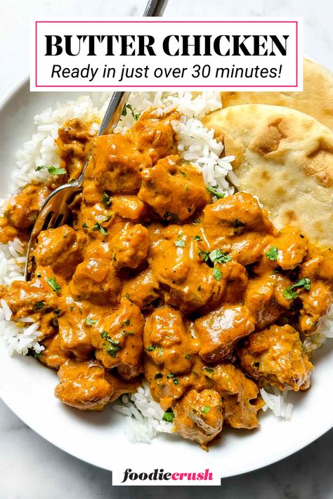 This flavorful Butter Chicken recipe is ready in just over 30 minutes, making it perfect for busy weeknights!  Tender chicken thighs are simmered in a creamy tomato sauce bursting with warm Indian spices.  Finished with a touch of lime juice and fresh cilantro, it's a delicious and satisfying meal that the whole family will love. Serve it over basmati rice and naan for a complete and flavorful experience. Quick Butter Chicken Recipe, Butter Chicken And Naan Recipe, Indian Butter Chicken Recipe Easy, Simple Butter Chicken Recipe, Authentic Butter Chicken Recipe Indian, Simmer Sauce Recipe, Steamed Clams Recipe, Easy Butter Chicken Recipe, Easy Buffalo Chicken Dip