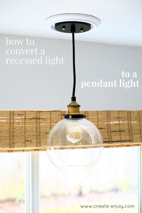 How to use a converter kit and pendant light to convert a recessed or can light to a pendant fixture Canned Lights, Led Pot Lights, Sewing Upcycling, Small Kitchen Lighting, Rejuvenation Lighting, Lighting Hacks, Kitchen Revamp, Can Lighting, Home Decor Sewing