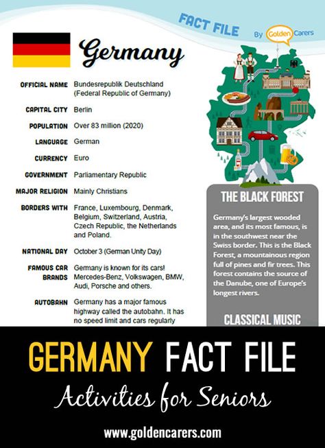 Germany Fact File: An attractive one-page fact file all about Germany. Print, distribute and discuss! Germany Facts For Kids, Germany Project, Germany School, German Crafts, Fun Facts About Germany, Facts About Countries, Facts About Germany, Germany Facts, Germany For Kids