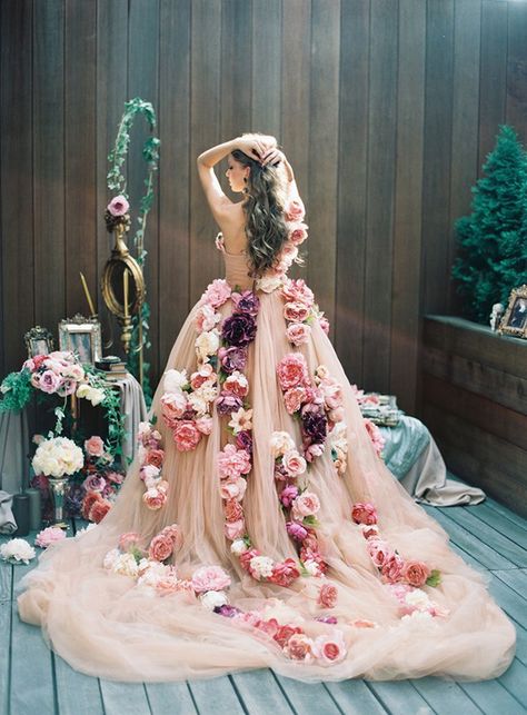 Stunning Blush Wedding Dress with Cascading Flowers | Lena Kozhina Photography | Unique Floral Design Inspiration for Spring Weddings! Gaun Abad Pertengahan, Colored Wedding Dress, Russian Wedding, Satin Wedding Gown, Tulle Wedding Gown, Gown Bridal, Wedding Dresses With Flowers, Beauty Dress, Dress Satin