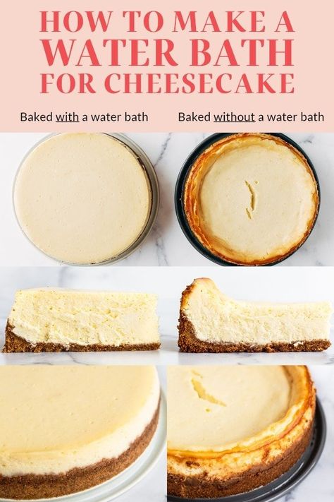 Here's how to make a water bath for baking cheesecake recipes! This is the number one key to perfectly smooth, luscious, and classic creamy cheesecake that bakes evenly and without cracks. Easy step by step tutorial! Water Bath For Cheesecake, Cheesecake Recipe No Water Bath, Cheesecake Water Bath, Science Of Baking, Ultimate Cookie Recipe, Baking Cheesecake, Best Cheesecake Recipes, Cheescake Recipe, Cheesecake Recipes Classic