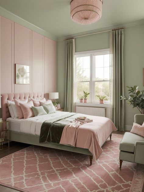 Pink And Green Bedroom, Pink Bedroom Accessories, Pink Green Bedrooms, Green Girls Rooms, Sage Bedroom, Blush Pink Bedroom, Pink Bedroom Walls, Green Bedroom Ideas, Design Ložnic