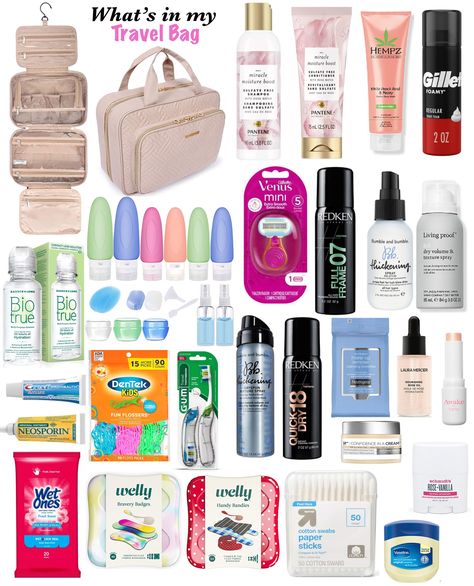 What To Put In Travel Bag, Travel Size Products Organization, Cosmetics Travel Bag, My Travel Bag, Traveling Toiletries Bag, Pack Travel Bag, What’s In My Suitcase, Organized Travel, Vacation Bags For Women