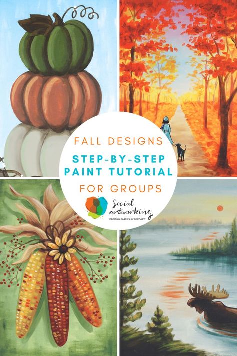 Fall for these autumn inspired paintings and create your own work of art. New fall designs, perfect for groups and paint parties. #paintparty #fallpaintings #painttutorials Fall Painting Templates, Easy Fall Painting Tutorial, Small Fall Canvas Painting, Diy Fall Acrylic Paintings, Fall Sip And Paint Ideas For Beginners, Fall Painting With A Twist, Fall Wine And Paint Ideas, Fall Simple Painting Ideas, Painting Ideas For Winter