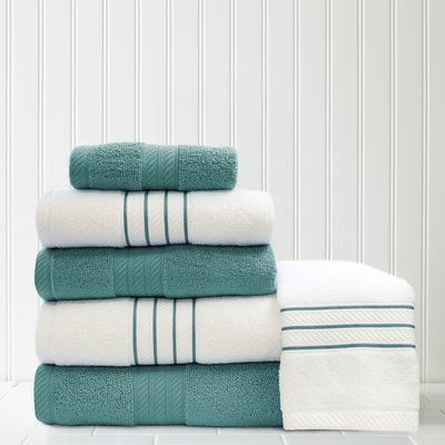 Alcott Hill Stripe and Contrast 6 Piece Towel Set Color: Teal/White Blue Craftsman, Stripe Towel, Green Bath Towels, Yacht Interior Design, Serenity Blue, Pink Towels, Washcloth Pattern, Black Bath, Inner Peace Quotes