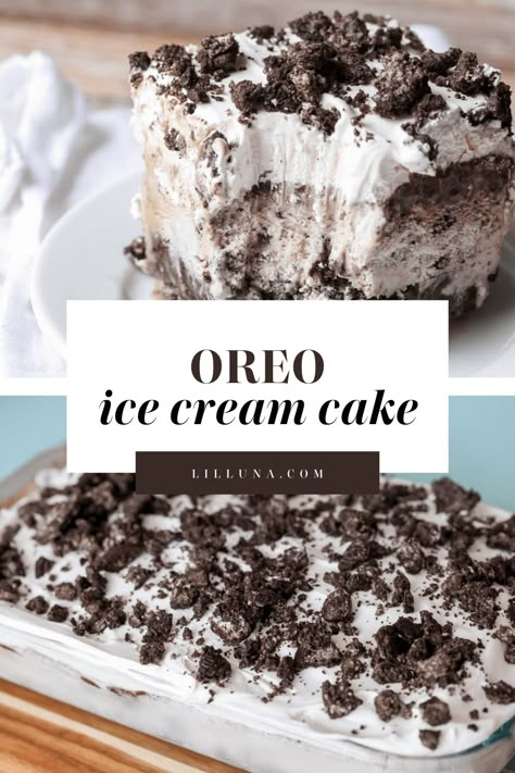 Oreo Ice Cream Cake makes for the perfect no-bake dessert during warm summer months. Best of all, it only takes 5 simple ingredients! #oreoicecreamcake #icecreamcake #oreo #icecream #cake Oreo I E Cream Dessert, Diy Cookies And Cream Ice Cream Cake, Oreo Ice Cream Dessert Frozen, Quick Ice Cream Cake, Diy Oreo Ice Cream Cake, Homemade Oreo Ice Cream Cake, Cookies And Cream Ice Cream Cake, Ice Cream Cakes Homemade, Oreo Ice Cream Dessert