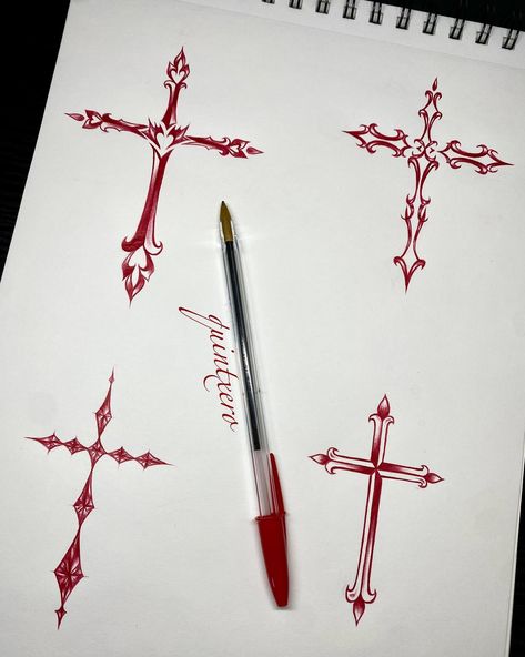 Left Wrist Tattoo, Cross With Thorn Crown Tattoo, Cross Y2k Tattoo, Unique Cross Tattoos For Women Design, Red Ink Cross Tattoo, Spine Tattoos For Women Cross, Cross Swords Tattoo Design, Ornamental Cross Tattoo, Chrome Cross Tattoo