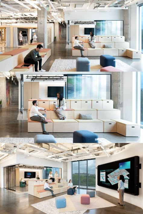 Office Multifunctional Space, Multifunctional Space Design, Innovation Office Design, Multifunctional Office Space, Open Collaboration Space, Third Place Design Spaces, Social Room, Technology Theme Decoration, Innovation Space Design