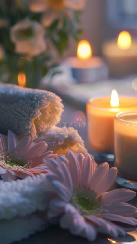 Spa relaxation scene with candles, flowers, and towels, calm and peaceful atmosphere concept stock photo Relaxation Photography, Spa Relaxation, Candles Flowers, Photo Concept, Flower Candle, Mood Boards, Relaxation, Mood Board, Photo Image