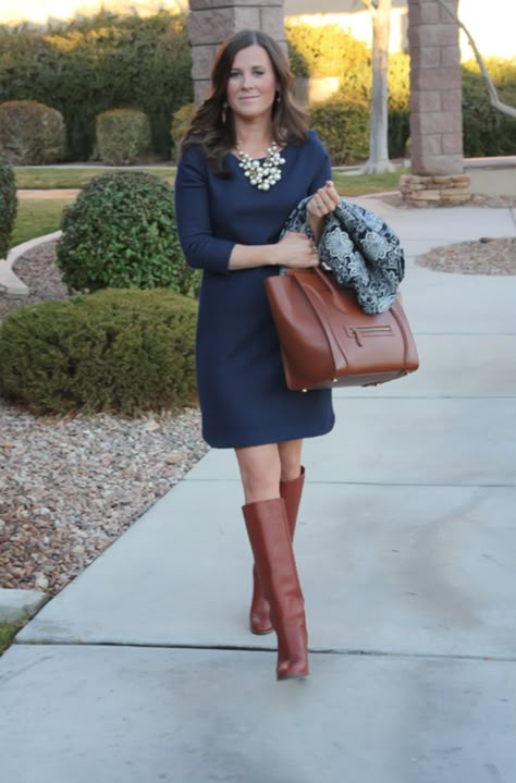 Navy Dress With Boots, Dark Blue Dress Outfit, Navy Fall Dress, Denim Dress Winter, Navy Blue Dress Outfit, Dresses With Boots Fall, Dress Boots Outfit, Navy Dress Outfits, Little Blue Dress