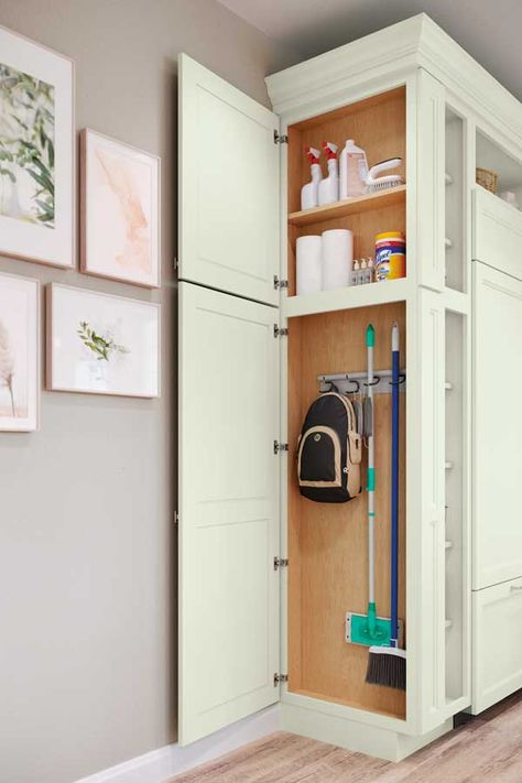 Utility Cabinet with Drop Zone - Decora Cabinetry Broom Pantry Cabinet, Broom Closet On End Of Cabinet, Hidden Broom Storage In Kitchen, Narrow Cleaning Cabinet, Cleaning Closet In Kitchen, Broom Closet Kitchen Cabinet, Built In Broom Cabinet, Broom Storage In Kitchen, Shallow Utility Cabinet