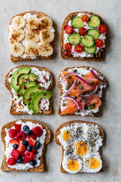 Cottage Cheese Toast is an easy, healthy breakfast idea that is packed with protein and quick to make. Enjoy these 6 sweet & savory combos! Savory Breakfast Ideas No Eggs, Healthy Bread Breakfast, Diet Food Breakfast, Toast Cottage Cheese, Different Toast Ideas, Make Breakfast, Snack Healthy Ideas, Healthy Diet Ideas, Healthy Food Options Clean Eating