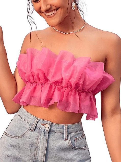 Strapless Organza, Strapless Bustier, Blouse Price, Top Crop, Party Tops, Crop Blouse, Ruffle Top, Barbie Clothes, Pink Tops